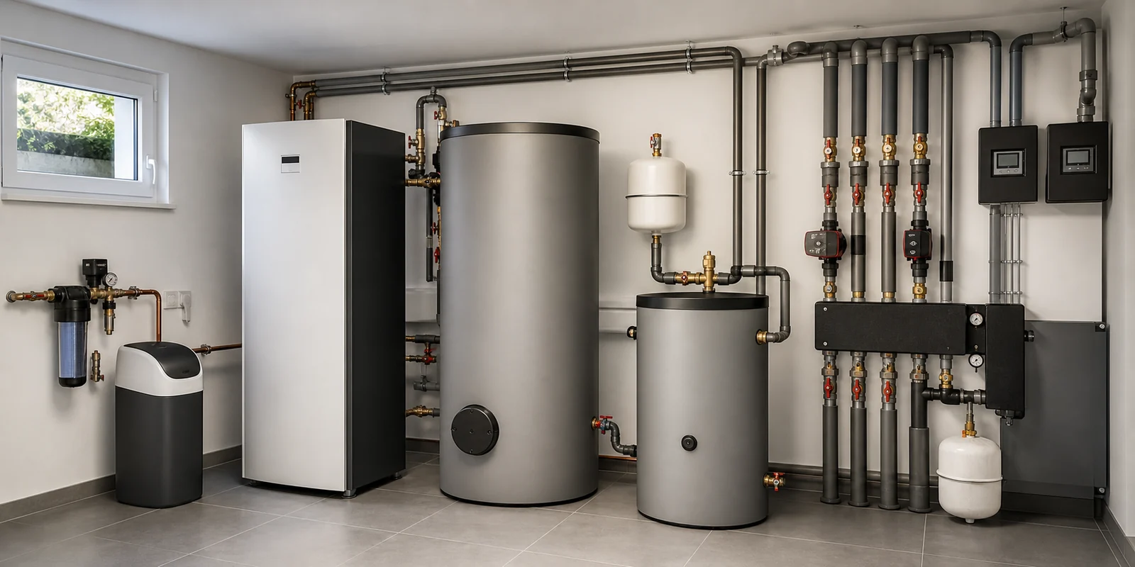 Moderner Technikraum mit Wärmepumpe, Speichern und sauber installierten Leitungen